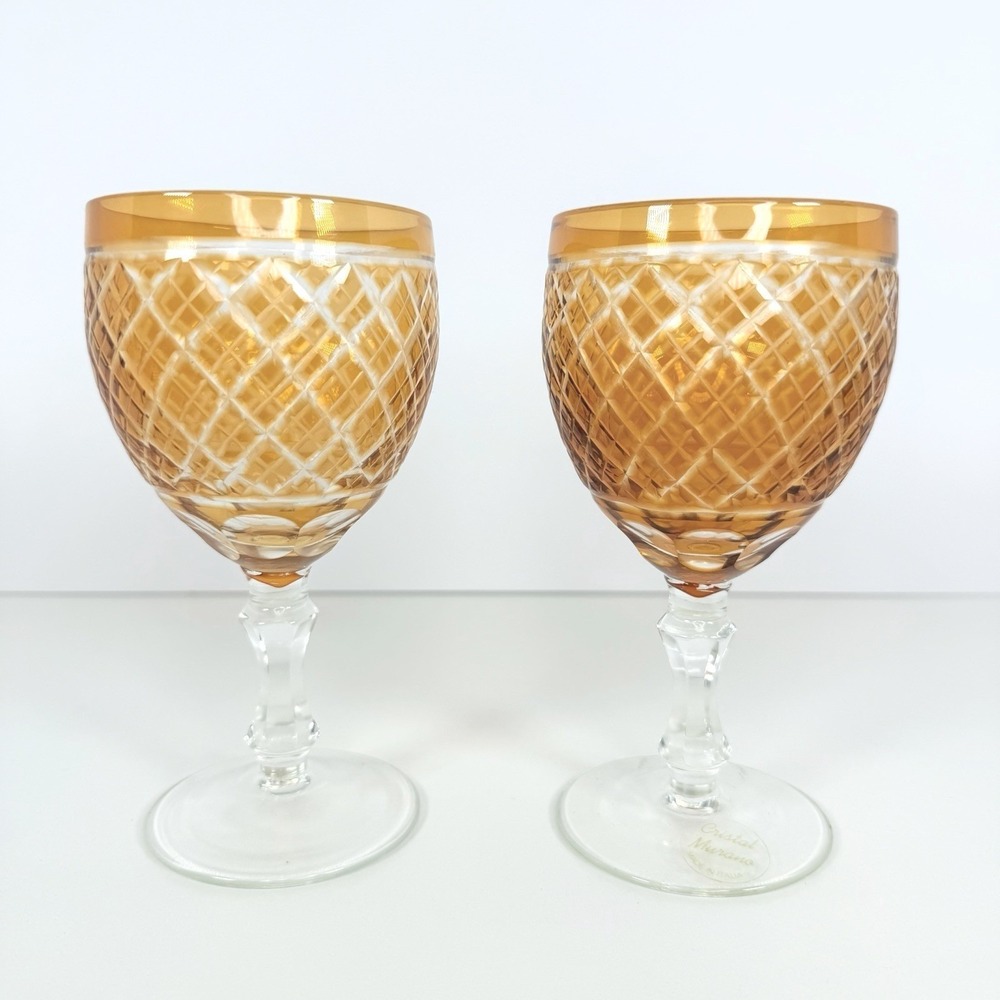 Hand Cut Murano‎ Glass Wine Glasses Orange Cut To Clear Italian Crystal